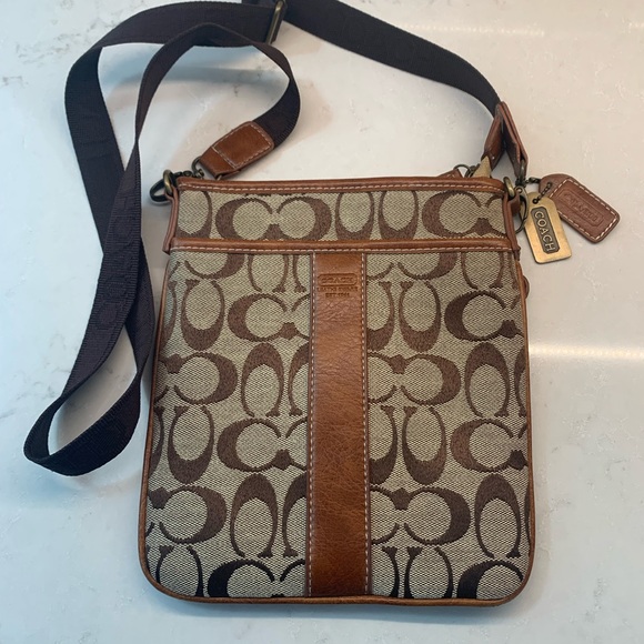 Coach Handbags - Coach Brown Logo Swingback Crossbody Bag Jacquard Leather
